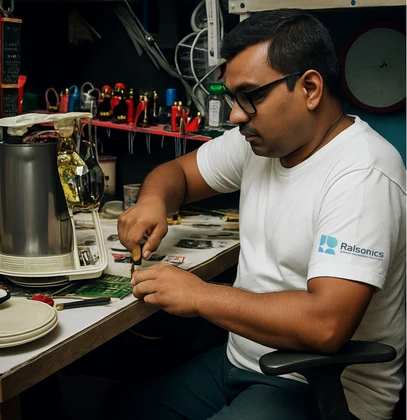 A technician assembling and testing ultrasonic generator electronics
