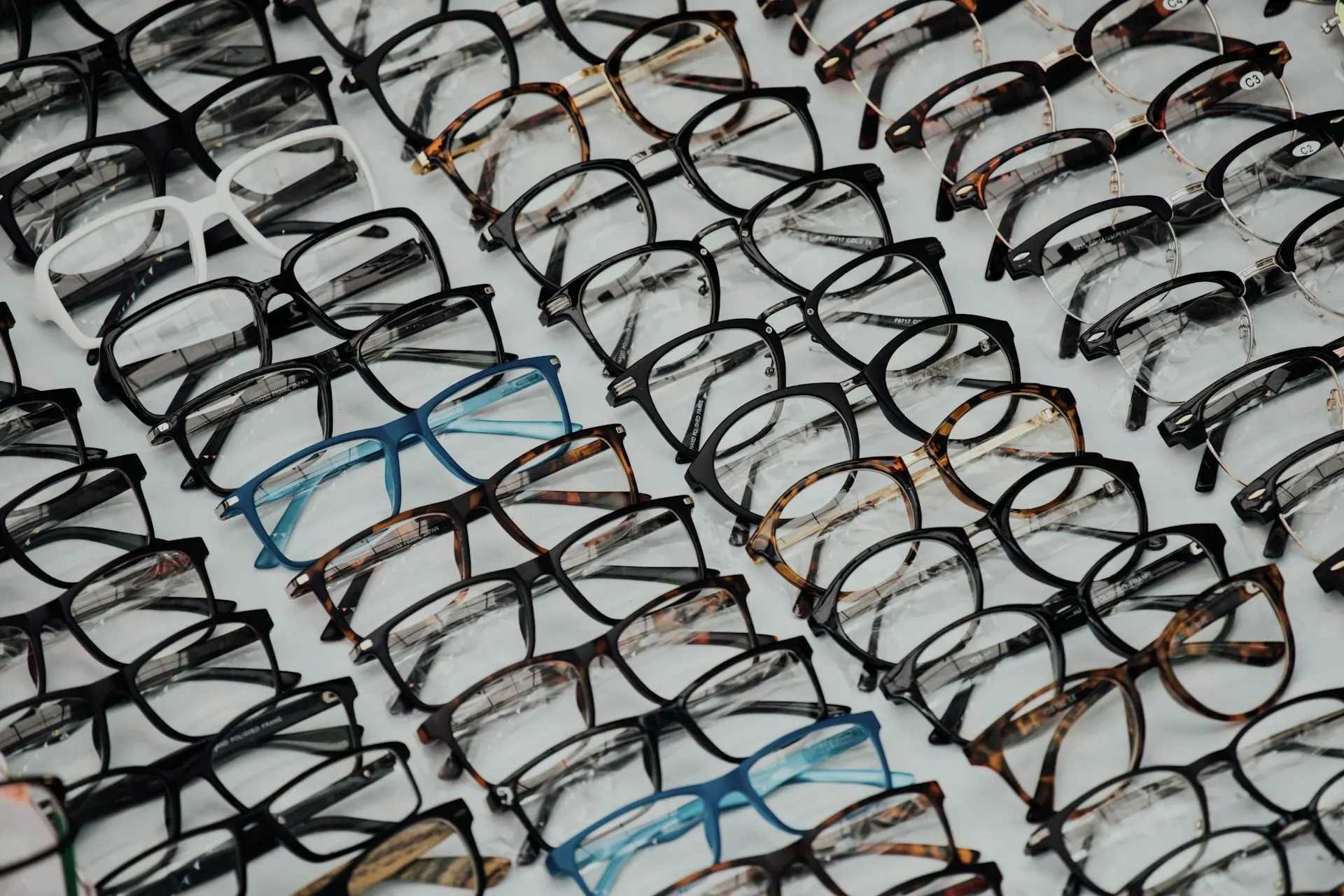 Industry context: Rows of eyeglass frames.